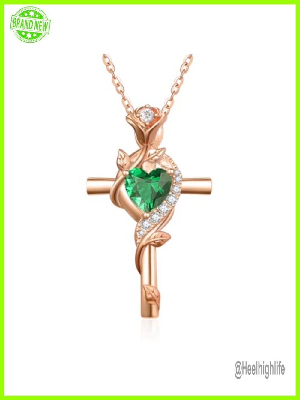 Rose Gold Cross Necklace Emerald Birthstone Pendant Adjustable 20"